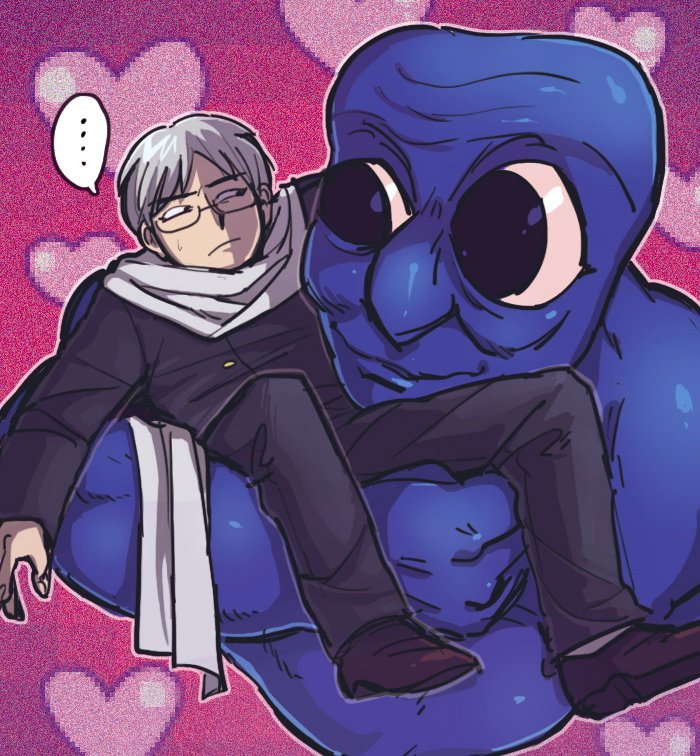 ... 1boy ao_oni bad_id bad_twitter_id gakuran glasses heart heart_background hiroshi_(ao_oni) looking_at_another sanjiro_(tenshin_anman) scarf school_uniform size_difference smile spoken_ellipsis sweatdrop the_oni_(ao_oni) white_hair