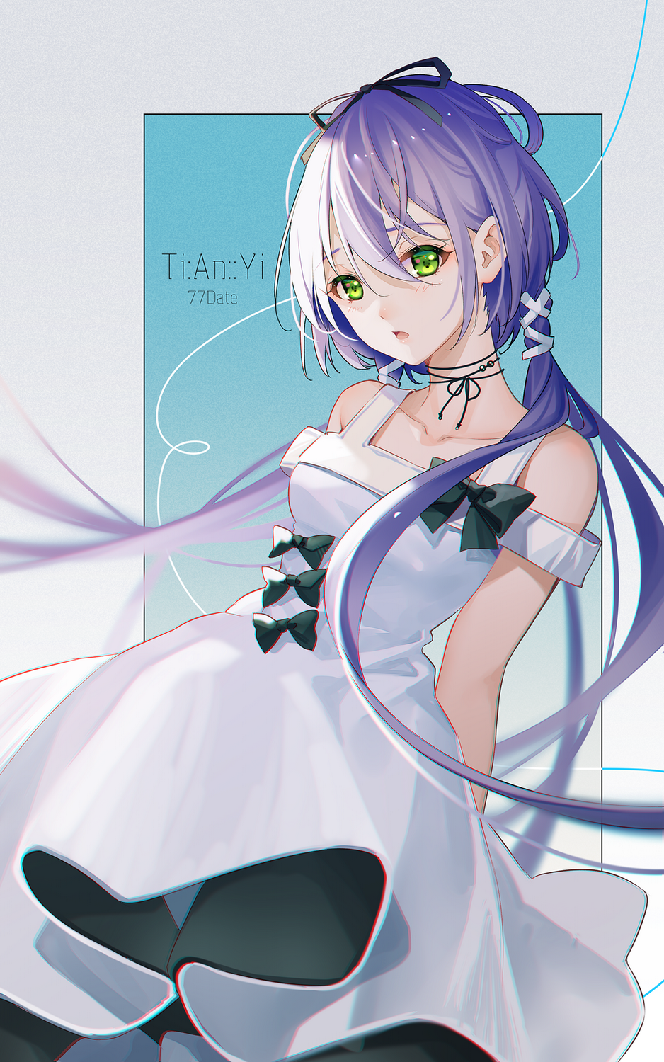 1girl :o arms_behind_back bare_shoulders black_bow black_ribbon blue_hair bow character_name chinese_commentary chromatic_aberration collarbone commentary cowboy_shot dress dress_bow green_eyes grey_background hair_between_eyes hair_ribbon hair_rings highres long_hair looking_at_viewer low_twintails luo_tianyi neck_ribbon off-shoulder_dress off_shoulder official_art ribbon solo tidsean twintails very_long_hair vocaloid vsinger_(vocaloid) white_dress