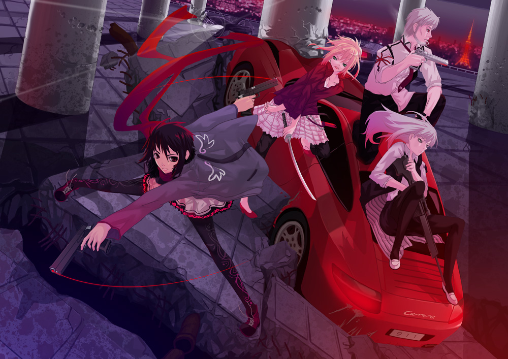 1boy 3girls car crash desert_eagle dual_wielding g3sg/1 gun hamada_youho handgun hands_on_own_hips heckler_&amp;_koch holding legs light_trail m1911 motor_vehicle multiple_girls night on_car on_one_knee on_vehicle original pistol porsche porsche_911 porsche_996 rifle scope semi-automatic_pistol sitting slow_shutter sniper_rifle sword weapon