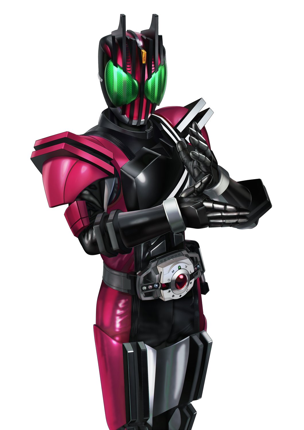 1boy armor asymmetrical_armor backlighting barcode black_armor black_bodysuit bodysuit commentary compound_eyes decadriver rider_belt forehead_jewel green_eyes highres kamen_rider kamen_rider_dcd kamen_rider_decade masukudo_(hamamoto_hikaru) pink_armor rider_belt shoulder_angel shoulder_armor solo standing