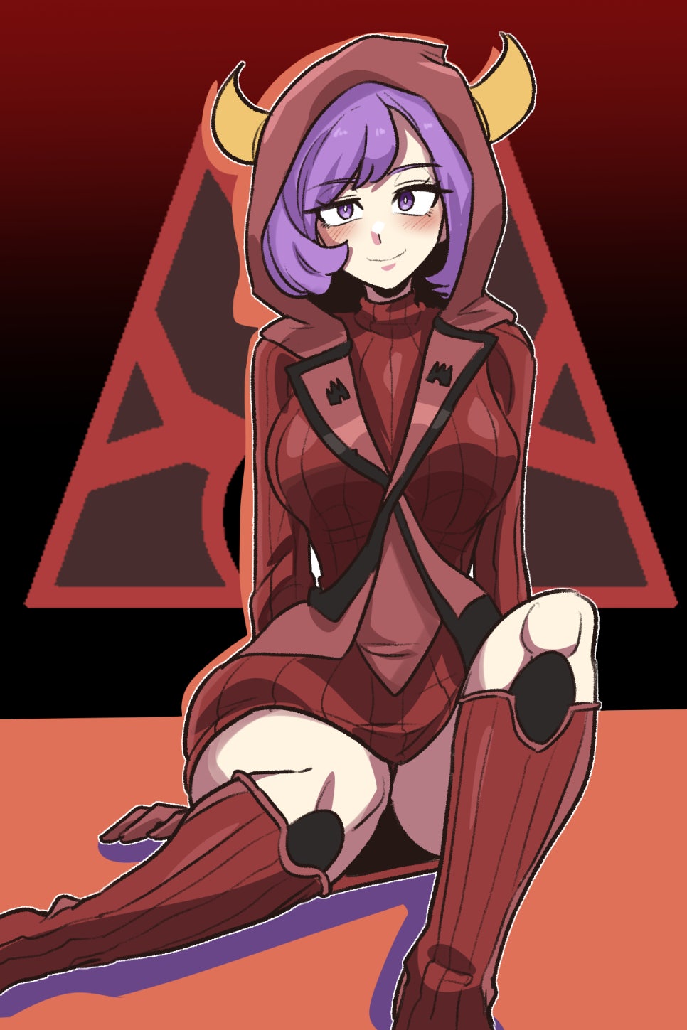 1girl blush breasts courtney_(pokemon) cowlick dinoyhs dress fake_horns game_freak highres hood hood_up hooded_vest hoodie horned_hood horns knee_up long_sleeves medium_breasts nintendo pokemon pokemon_oras purple_eyes purple_hair red_dress red_hood ribbed_dress short_dress short_hair smile solo vest