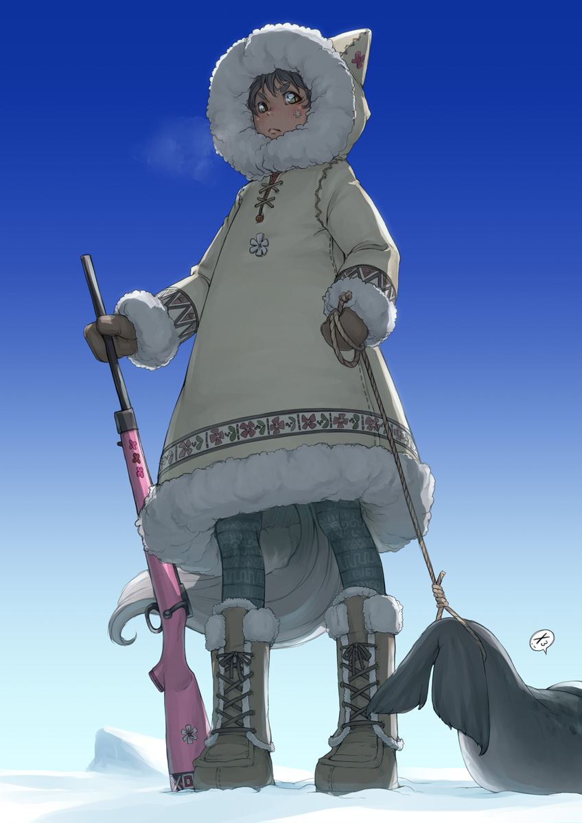 1girl animal animal_ears animal_hood bad_id bad_pixiv_id black_eyes black_hair black_pantyhose boots breath day female_focus frown fur_boots fur_trim gloves green_eyes gun highres hood hunter hunting jacket lace-up_boots nucomas original outdoors pantyhose parka rifle rope seal_(animal) sky snow snow_boots solo speech_bubble standing tail weapon winter_clothes