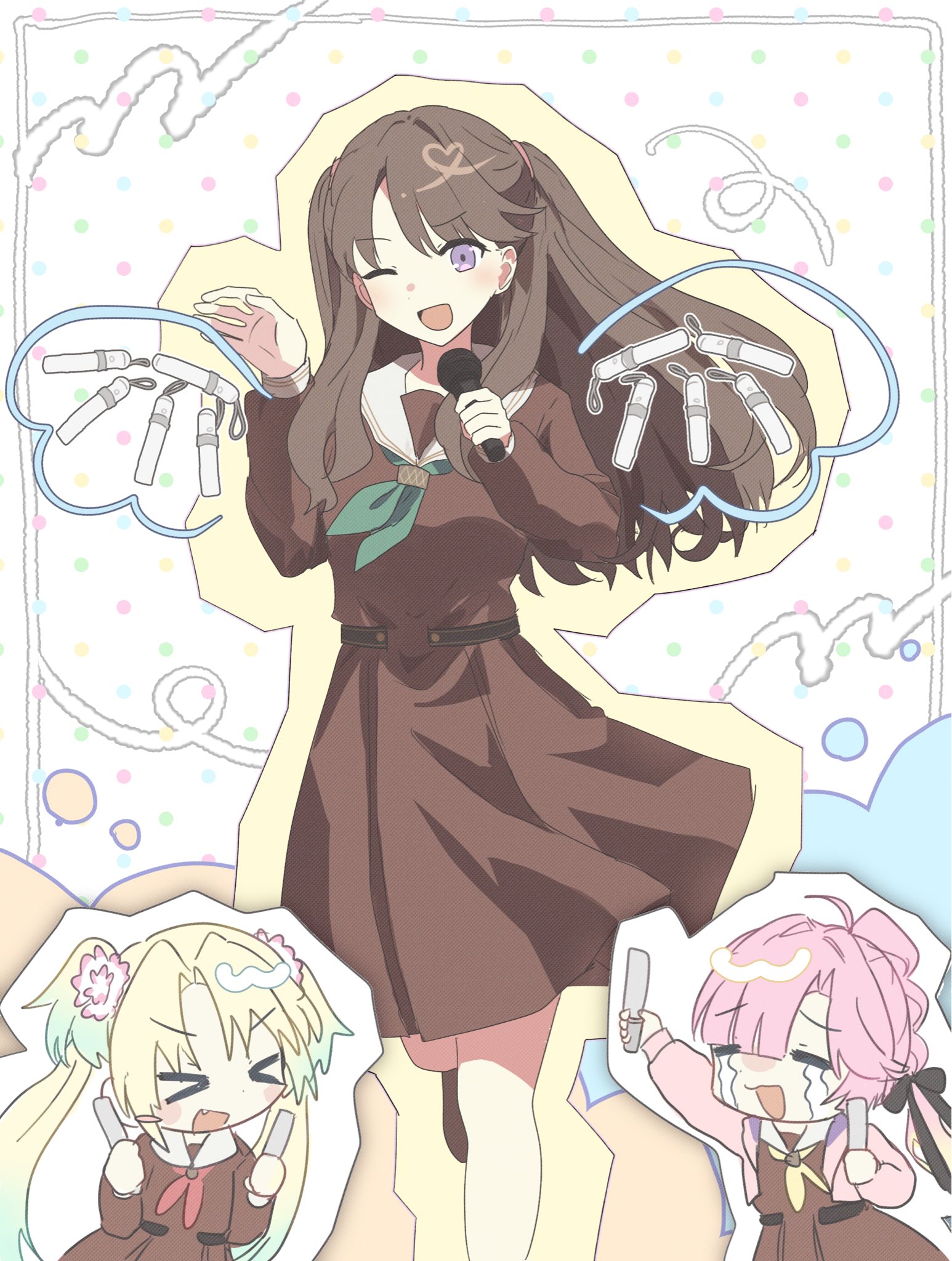 >_< 3girls :d ;d anyoji_hime aqua_hair aqua_neckerchief black_ribbon blonde_hair blunt_bangs blush blush_stickers brown_dress brown_hair churhami crying curtained_hair drawn_wings dress fang flower fujishima_megumi glowstick gradient_hair hair_flower hair_ornament hair_ribbon hasu_no_sora_school_uniform highres holding holding_glowstick hood hooded_jacket jacket link!_like!_love_live! long_hair long_sleeves love_live! medium_dress mira-cra_park! multi-tied_hair multicolored_hair multiple_girls neckerchief one_eye_closed open_clothes open_jacket open_mouth osawa_rurino parted_bangs penlight_(glowstick) pink_flower pink_hair pink_jacket pleated_dress polka_dot polka_dot_background ponytail purple_eyes red_neckerchief ribbon sailor_collar sailor_dress school_uniform smile streaming_tears tears two_side_up virtual_youtuber white_background white_sailor_collar winter_uniform xd yappa_tenshi! yellow_neckerchief