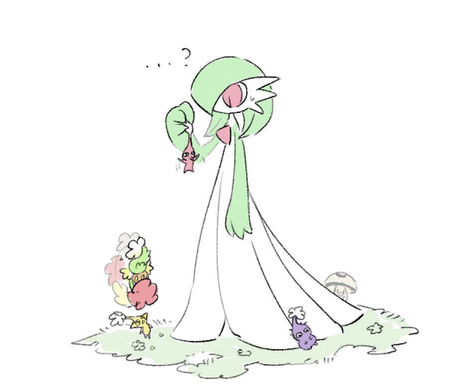 ? bob_cut colored_skin comfey crossover dress foongus gardevoir gen_3_pokemon gen_5_pokemon gen_7_pokemon grass green_hair green_skin multicolored_skin nintendo on_grass pikmin_(series) pink_eyes pokemon pokemon_(creature) purple_pikmin red_pikmin sok_(mr14_c) two-tone_skin white_dress white_skin yellow_pikmin