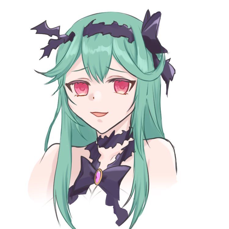 breasts chaos_aurora_(grimms_notes) cleavage green_hair long_hair marufus open_mouth pink_gemstone purple_ribbon red_eyes ribbon sketch smile upper_body white_background