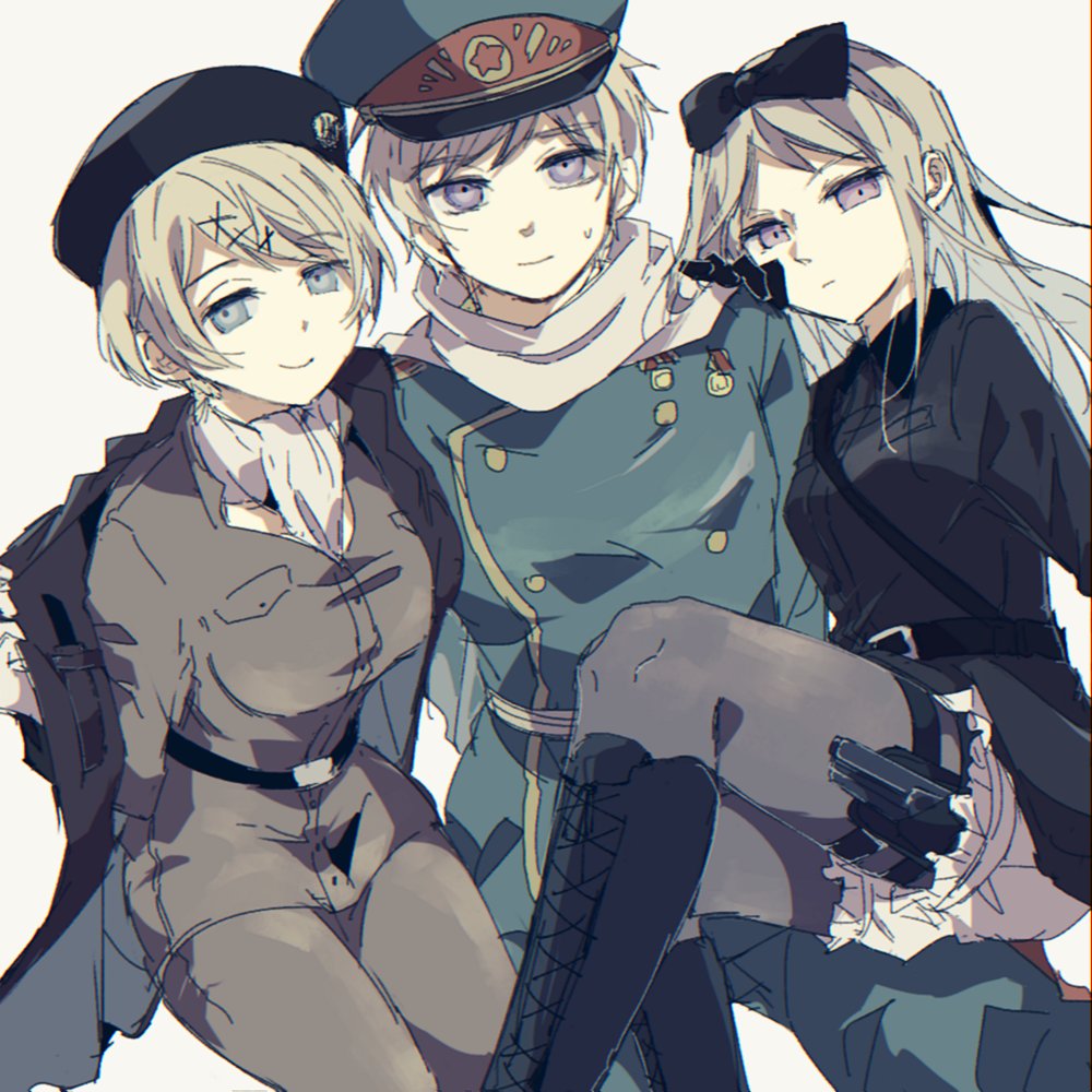 1boy 2girls ascot axis_powers_hetalia belarus_(hetalia) belt beret black_belt black_boots black_bow black_coat black_gloves black_hat blonde_hair blue_eyes boots bow breast_pocket brother_and_sister buttons closed_mouth coat collared_coat crossed_legs fur-trimmed_coat fur_trim gloves green_hat green_jacket green_pants grey_jacket grey_pants grey_pantyhose gun hair_bow hair_ornament hand_on_another&#039;s_shoulder hand_up handgun hat hat_ornament jacket kyu_0w0 lapels long_hair long_sleeves looking_at_viewer medal military_hat military_jacket military_uniform multiple_girls open_clothes open_coat pants pantyhose pocket purple_eyes russia_(hetalia) scarf shirt short_hair shorts siblings simple_background sisters sitting smile star_(symbol) star_hat_ornament sweatdrop thigh_strap ukraine_(hetalia) weapon white_ascot white_background white_scarf white_shirt white_shorts x_hair_ornament