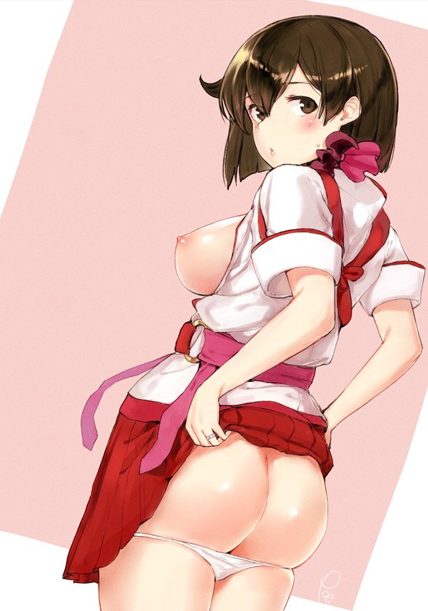 1girl ass blush breasts breasts_out brown_eyes brown_hair employee_uniform female_focus hair_between_eyes hiryuu_(kancolle) hiryuu_(peach)_(kancolle) jewelry kantai_collection large_breasts looking_at_viewer looking_back nipples peach_(airline) pleated_skirt poco_(backboa) red_skirt ring short_hair short_sleeves skirt solo wedding_band