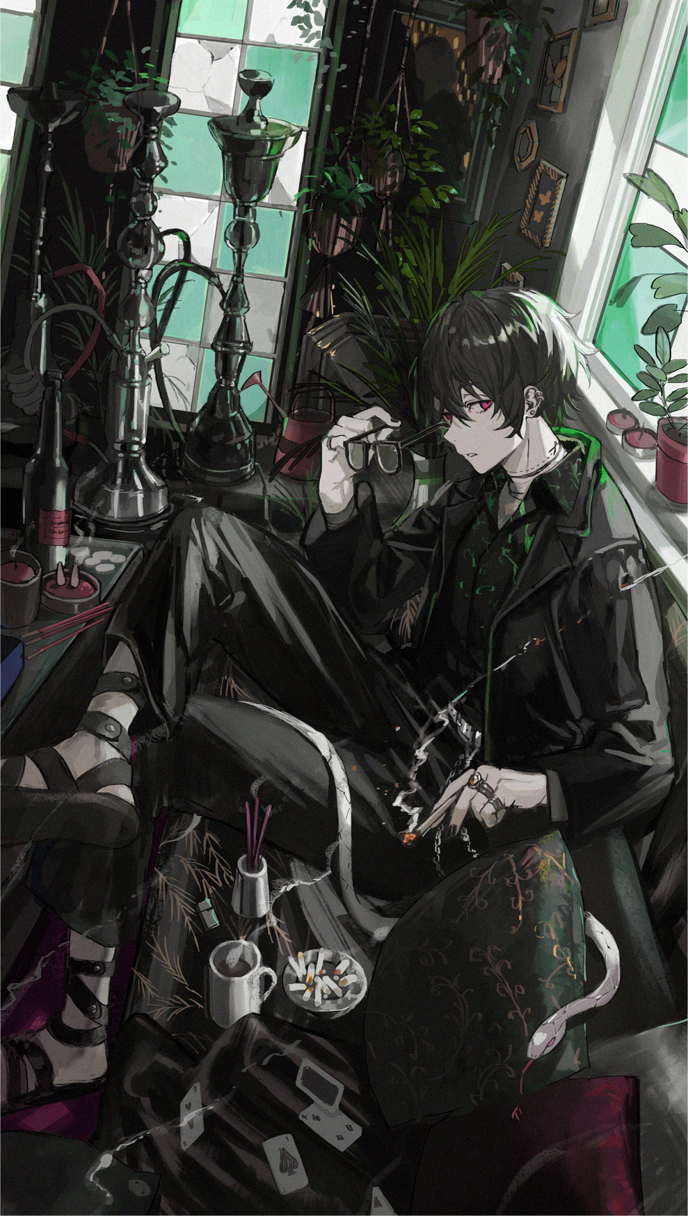 1boy ashtray black-framed_eyewear black_hair black_jacket black_nails black_pants black_sandals black_shirt bottle candle card cigarette collared_shirt couch crossed_legs cup ear_piercing earrings full_body grey_shirt hair_between_eyes half-closed_eyes highres holding holding_cigarette holding_removed_eyewear hookah hoop_earrings indoors jacket jewelry lighter lighting_cigarette looking_at_viewer male_focus multiple_rings nana_tetra on_couch original pale_skin pants parted_lips picture_frame piercing plant playing_card print_shirt purple_eyes ring sandals shirt short_hair sitting smoke snake solo stained_glass stitched_neck stitches stud_earrings table teeth unworn_eyewear watering_can white_snake wide_sleeves window