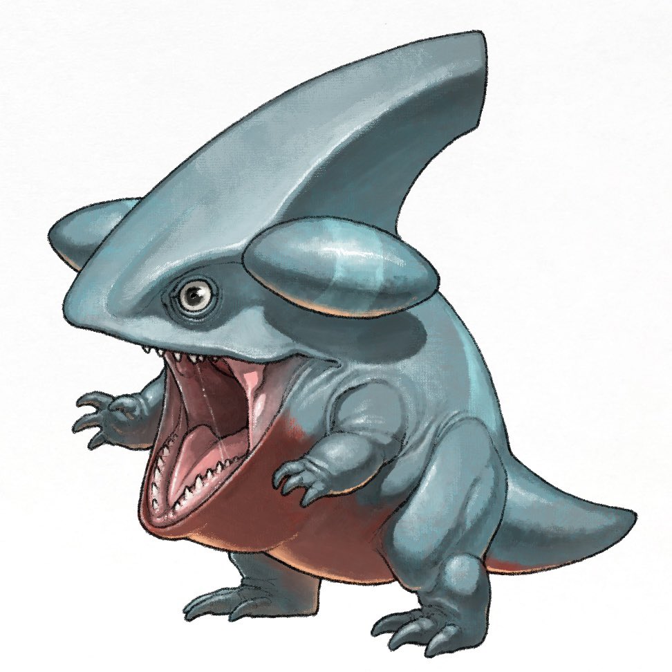 black_eyes commentary_request from_side game_freak gen_4_pokemon gible meme nao70shark1 nintendo no_humans open_mouth pogchamp_(meme) pokemon pokemon_(creature) saliva sharp_teeth simple_background standing teeth tongue white_background