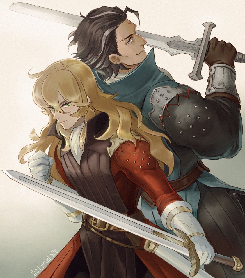 2boys armor ascot back-to-back belt black_hair black_pants black_shirt blonde_hair blue_tunic bracer brown_gloves erhardt_(octopath_traveler) fighting_stance gloves hair_between_eyes hair_slicked_back high_collar holding holding_sword holding_weapon jacket long_hair looking_back male_focus medium_hair multicolored_hair multiple_boys octopath_traveler octopath_traveler_i olberic_eisenberg pants red_jacket regan_(hatsumi) shirt sideburns simple_background smile streaked_hair sword tunic upper_body wavy_hair weapon white_gloves white_hair