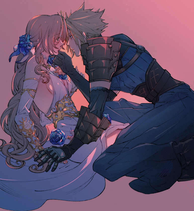 1boy 1girl aerith_gainsborough aerith_gainsborough_(prism_dress) armor bare_shoulders black_footwear black_gloves black_hakama blonde_hair blue_eyes blue_flower blue_ribbon blue_rose boots breasts brown_hair choker cleavage cloud_strife cloud_strife_(murasame) curly_hair dated detached_sleeves dress dress_flower final_fantasy final_fantasy_vii final_fantasy_vii_ever_crisis flower gloves gold_trim green_eyes hair_flower hair_ornament hair_ribbon hakama hand_on_another&#039;s_chin hetero holding_hands japanese_armor japanese_clothes long_hair low_ponytail medium_breasts official_alternate_costume on_one_knee parted_bangs parted_lips pink_background plunging_neckline ponytail ribbon rose short_hair shoulder_armor sideboob sidelocks spiked_hair tiara twitter_username wakakusa-e white_dress white_sleeves