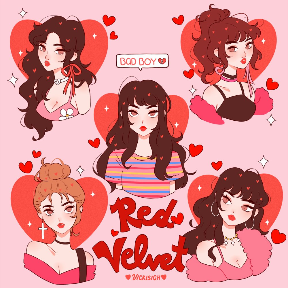 5girls artist_name black_hair blunt_bangs choker commentary copyright_name dress earrings english_commentary hair_bun heart irene_(red_velvet) jewelry joy_(red_velvet) k-pop long_hair looking_at_viewer multiple_girls necklace pink_dress ponytail real_life red_hair red_lips red_velvet_(group) seulgi_(red_velvet) shirt sparkle t-shirt upper_body vicki_tsai wendy_(red_velvet) yeri_(red_velvet)