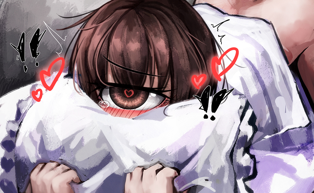 ! !! 1girl bad_id bad_pixiv_id blush bottomless brown_eyes brown_hair cyclops doggystyle eyes_visible_through_hair face_in_pillow full-face_blush heart heart-shaped_pupils hitomebore implied_sex hugging_object official_art one-eyed pillow pillow_grab pillow_hug ray-k sex sex_from_behind short_hair solo symbol-shaped_pupils tears top-down_bottom-up usui_sachi
