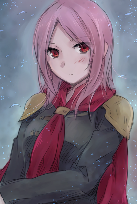 1girl bad_id bad_pixiv_id blush cape female_focus final_fantasy final_fantasy_type-0 long_hair looking_at_viewer nat_latework pink_hair queen_(fft-0) red_eyes shoulder_pads sketch solo tokimiya_rem uniform upper_body