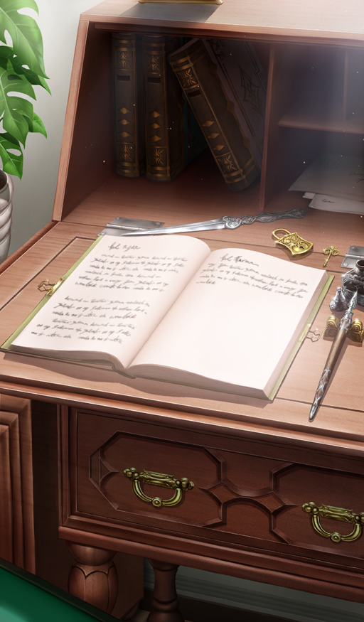 book commentary cursive desk diary fate/grand_order fate_(series) indoors inkwell key letter_opener light_particles lock nib_pen_(object) no_humans official_art open_book padlock pen plant potted_plant still_life tatsuyo third-party_source