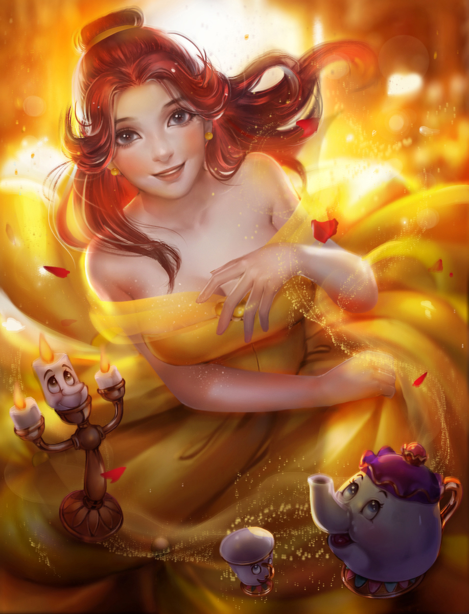 2boys 2girls animification beauty_and_the_beast_(disney) belle_(disney) brown_eyes brown_hair chip_potts dress elbow_gloves gloves heides110 highres jewelry long_hair looking_at_viewer lumiere_(disney) mrs._potts multiple_boys multiple_girls ponytail smile yellow_dress