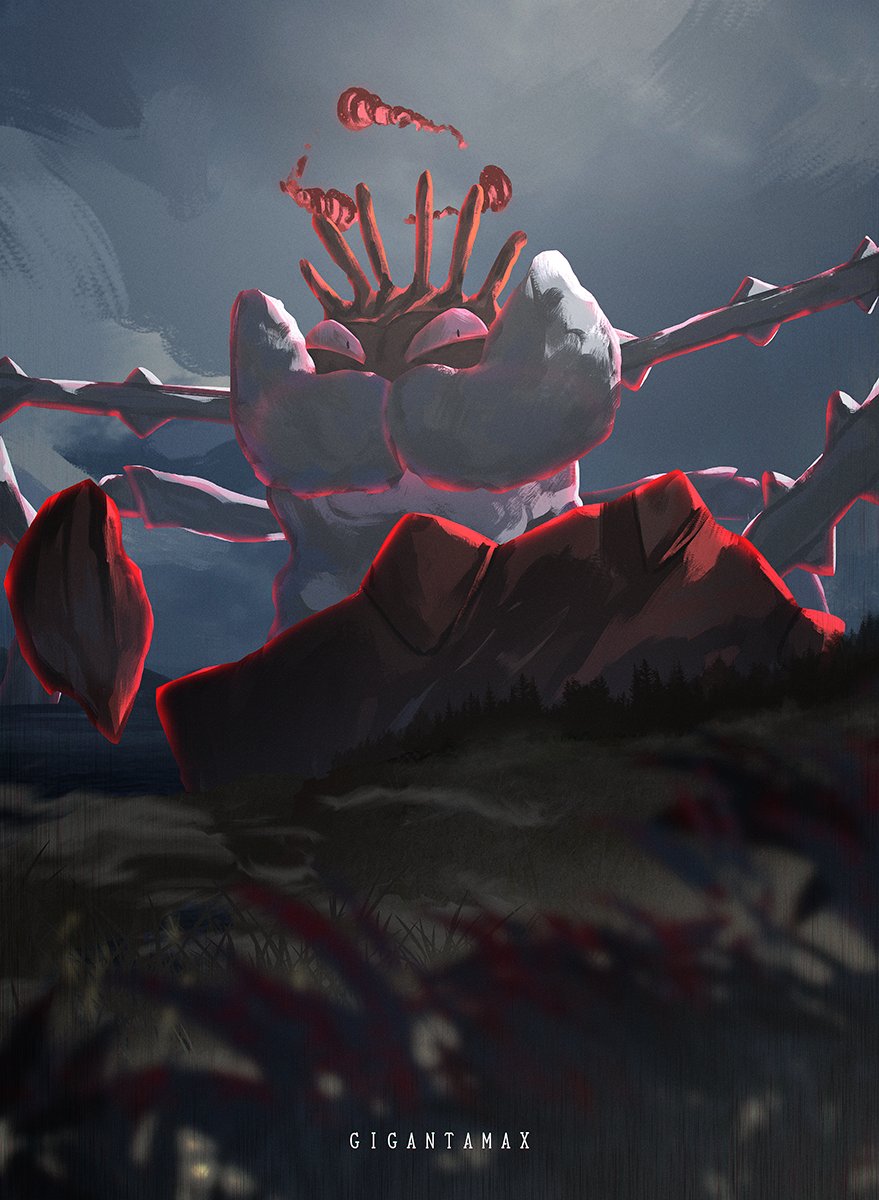 animal animal_focus cloud cloudy_sky commentary_request crab gen_1_pokemon gigantamax gigantamax_kingler grass highres kingler long_arms nintendo no_humans otsumami_(bu-bu-heaven) oversized_animal pokemon pokemon_(creature) pokemon_focus red_clouds sky solo