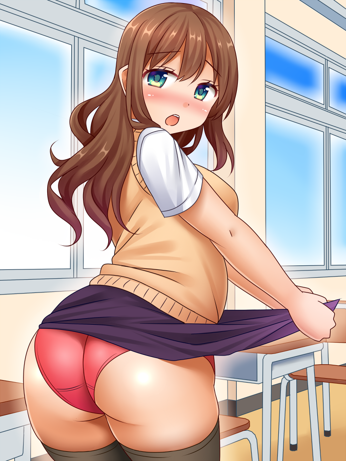 ass bad_id bad_nicoseiga_id blazer blush brown_hair classroom green_eyes jacket neri_sachiko original panties red_panties solo thighhighs underwear
