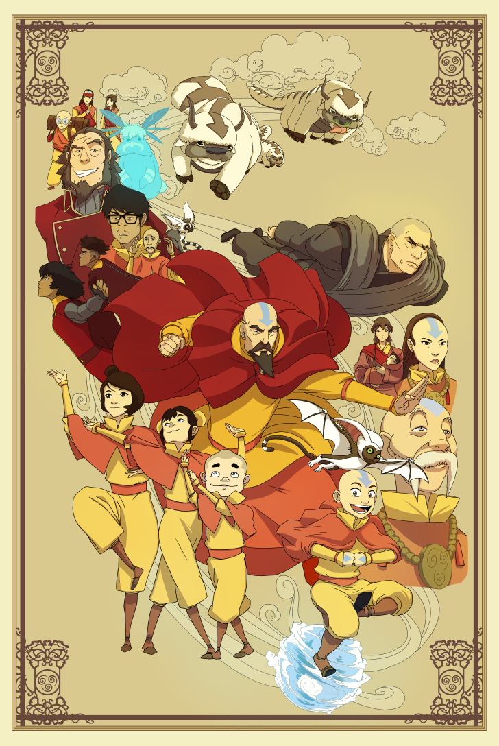 aang aerokinesis appa avatar:_the_last_airbender avatar_legends baby bald balding bison border bumi_(legend_of_korra) capelet carrying_baby carrying_person cloud element_bending gyatso_(avatar) ikki_(legend_of_korra) jingbo_(legend_of_korra) jinora juicy_(legend_of_korra) kai_(legend_of_korra) meelo_(legend_of_korra) momo_(avatar) orange_theme ornate_border pema_(legend_of_korra) rohan_(legend_of_korra) ryu_(legend_of_korra) sky_bison spirit ssandulak tattoo tenzin_(legend_of_korra) wind xing_ling_(avatar_legends) yee-lee_(avatar_legends) zaheer