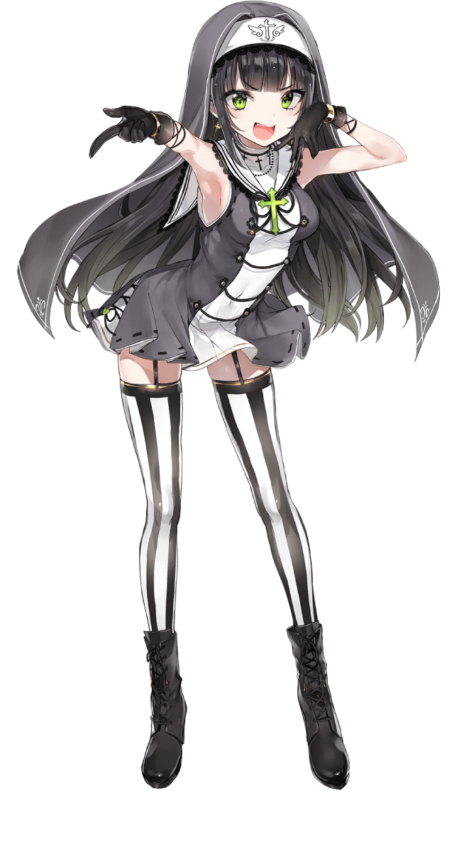 1girl :d armpits black_boots black_gloves black_hair black_shoes black_thighhighs boots bracelet breasts cross cross_earrings dress earrings fangs full_body garter_straps gloves gradient_hair green_eyes green_hair grey_dress hands_up highres hirado_motoe jewelry lace-up_boots latin_cross long_hair looking_at_viewer medium_breasts multicolored_hair nekometaru nun official_art onsen_musume open_mouth sailor_collar shoes short_dress simple_background sleeveless smile solo standing striped_clothes striped_thighhighs teeth thighhighs tongue transparent_background turtleneck two-tone_thighhighs upper_teeth_only veil vertical-striped_clothes vertical-striped_thighhighs white_background white_sailor_collar white_thighhighs zettai_ryouiki