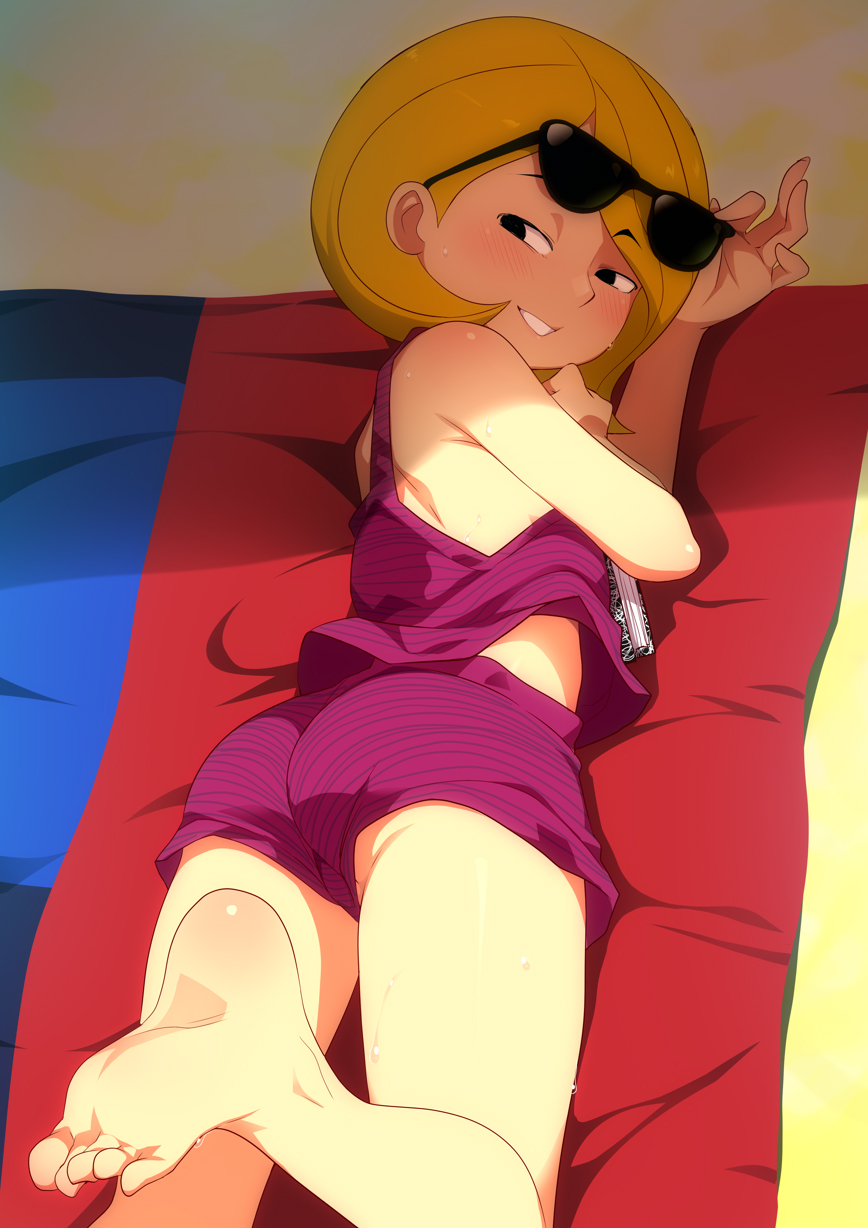 1girl barefoot black_eyes blush commentary english_commentary eyewear_on_head feet from_behind grin harriet_m._welsch harriet_the_spy highres jcm2 legs looking_at_viewer looking_back lying on_stomach parted_lips short_hair sleeveless smile soles solo sunglasses sunglasses_on_head swimsuit toes