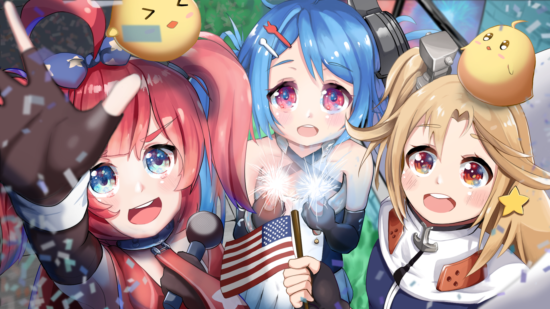 3girls aged_down ahoge american_flag azur_lane bare_shoulders blonde_hair blue_eyes blue_hair blue_jacket cape clevelad_(azur_lane) cleveland_(azur_lane) dress fireworks flag gloves hair_ornament hairclip helena_(azur_lane) highres holding holding_flag jacket lena_(azur_lane) lil_sandy_(azur_lane) long_hair manjuu_(azur_lane) miniskirt multiple_girls necktie one_side_up pink_eyes red_eyes red_hair remirii san_diego_(azur_lane) skirt socks sparkler twintails