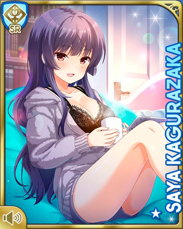 1girl :d bare_legs barefoot bedroom black_bra blue_hair bookcase bra brown_eyes card_(medium) character_name girlfriend_(kari) grey_hoodie grey_shorts hood hoodie indoors kagurazaka_saya long_hair mobile_phone night official_art open_mouth qp:flapper shorts sitting smile tagme underwear