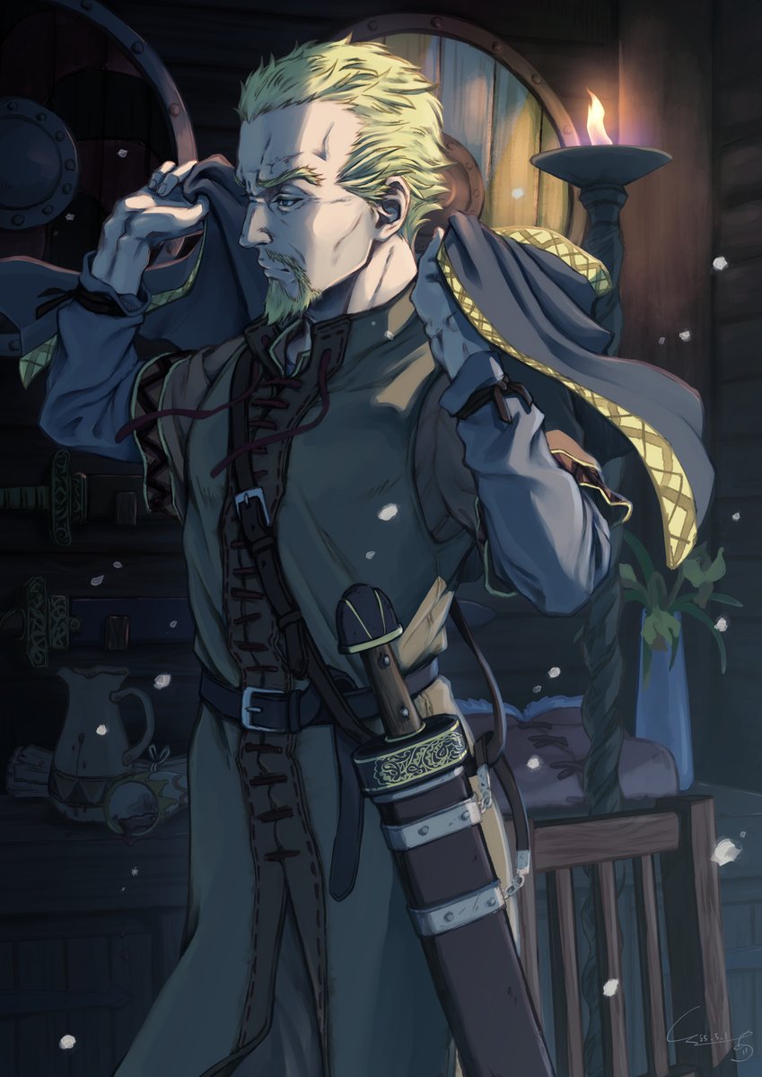 1boy askeladd beard belt belt_buckle black_belt blonde_hair brown_tunic buckle chair facial_hair furrowed_brow goatee grey_shirt highres male_focus mature_male pitcher_(container) sheath shirt shirube_akashi short_hair signature snow solo sword tunic upper_body vinland_saga weapon wooden_chair