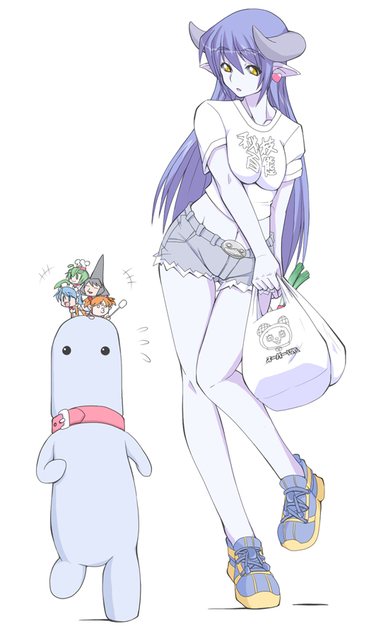 1girl astaroth_(shinrabanshou) bad_id bad_pixiv_id black_sclera blue_hair blue_skin breasts breasts_squeezed_together casual ce-tan chikoi colored_sclera colored_skin demon denim denim_shorts earrings futaba_channel groceries heart heart_earrings horns inu_(nijiura) jewelry long_hair makibishi mini_person minigirl mobiko nijiura_maids os-tan pointy_ears ruriwo_(ruriwo1894) shinrabanshou shirt shoes short_shorts shorts small_breasts sneakers spring_onion t-shirt yellow_eyes