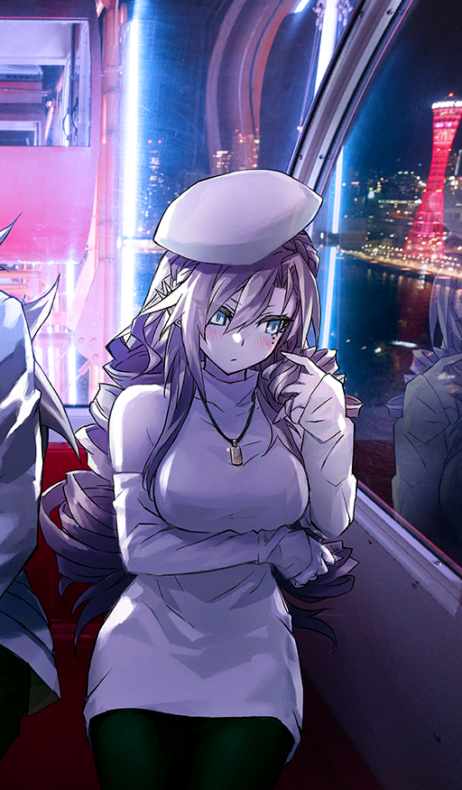 1boy 1girl beret black_pantyhose blue_eyes blush breasts brown_hair closed_mouth commentary_request dress embarrassed fate/grand_order fate_(series) ferris_wheel_interior game_cg hair_between_eyes hat jewelry konoe_ototsugu kriemhild_(fate) kriemhild_(over_the_same_sky)_(fate) long_hair long_sleeves looking_to_the_side medium_breasts mole mole_under_eye night official_art pantyhose pendant photo_background siegfried_(fate) siegfried_(over_the_same_sky)_(fate) sitting solo_focus sweater sweater_dress third-party_source turtleneck white_dress white_hat
