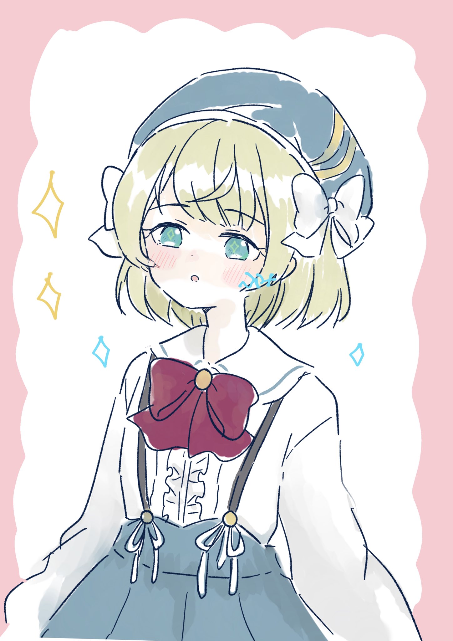 1girl :o arms_at_sides artist_name assault_lily beret blonde_hair blue_eyes blue_hat blue_skirt blush border bow bowtie center_frills commentary_request diamond_(shape) esaka_shizuku frilled_shirt frills fumi_(fumifumi3axl) hair_bow hat herensuge_girls_academy_school_uniform high-waist_skirt highres long_sleeves looking_at_viewer outside_border parted_lips pink_border pleated_skirt red_bow red_bowtie school_uniform shirt short_hair simple_background skirt solo standing suspender_skirt suspenders symbol_in_eye upper_body white_background white_bow white_shirt