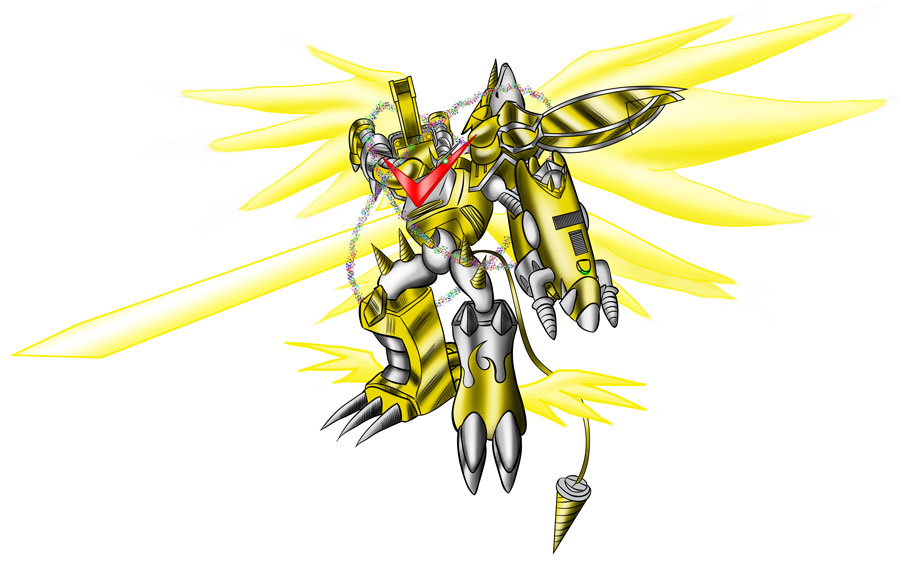armor digimon digimon_(creature) drill fusion shoutmon_x7 shoutmon_x7_superior_mode simple_background solo tail white_background wings