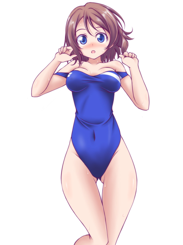 1girl :o blue_eyes blue_one-piece_swimsuit blush breasts brown_hair commentary_request covered_navel gluteal_fold kikuchi_tsutomu looking_at_viewer love_live! love_live!_sunshine!! medium_breasts off_shoulder one-piece_swimsuit open_mouth short_hair simple_background solo standing swimsuit thigh_gap w_arms watanabe_you wet white_background