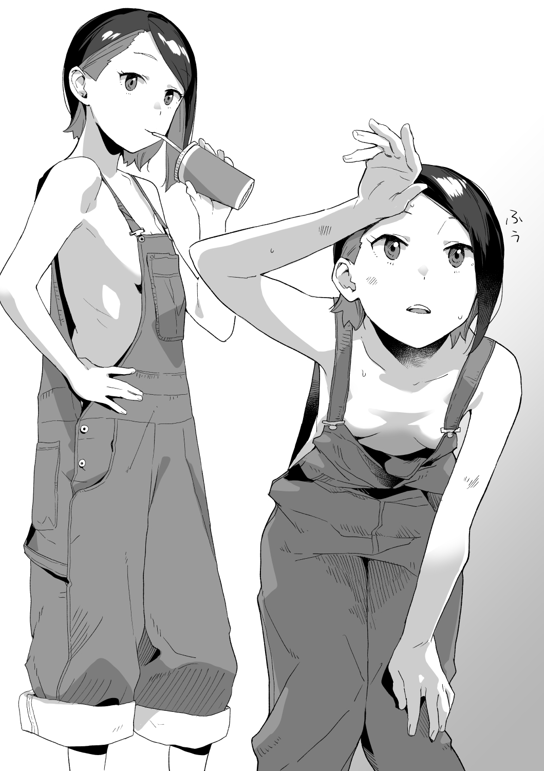 1girl asymmetrical_hair breasts cup disposable_cup drinking drinking_straw feet_out_of_frame female_focus greyscale gundam gundam_suisei_no_majo hair_behind_ear hand_on_own_hip highres leaning_forward makio_(makiomeigenbot) monochrome naked_overalls nika_nanaura open_mouth overalls short_hair small_breasts solo standing