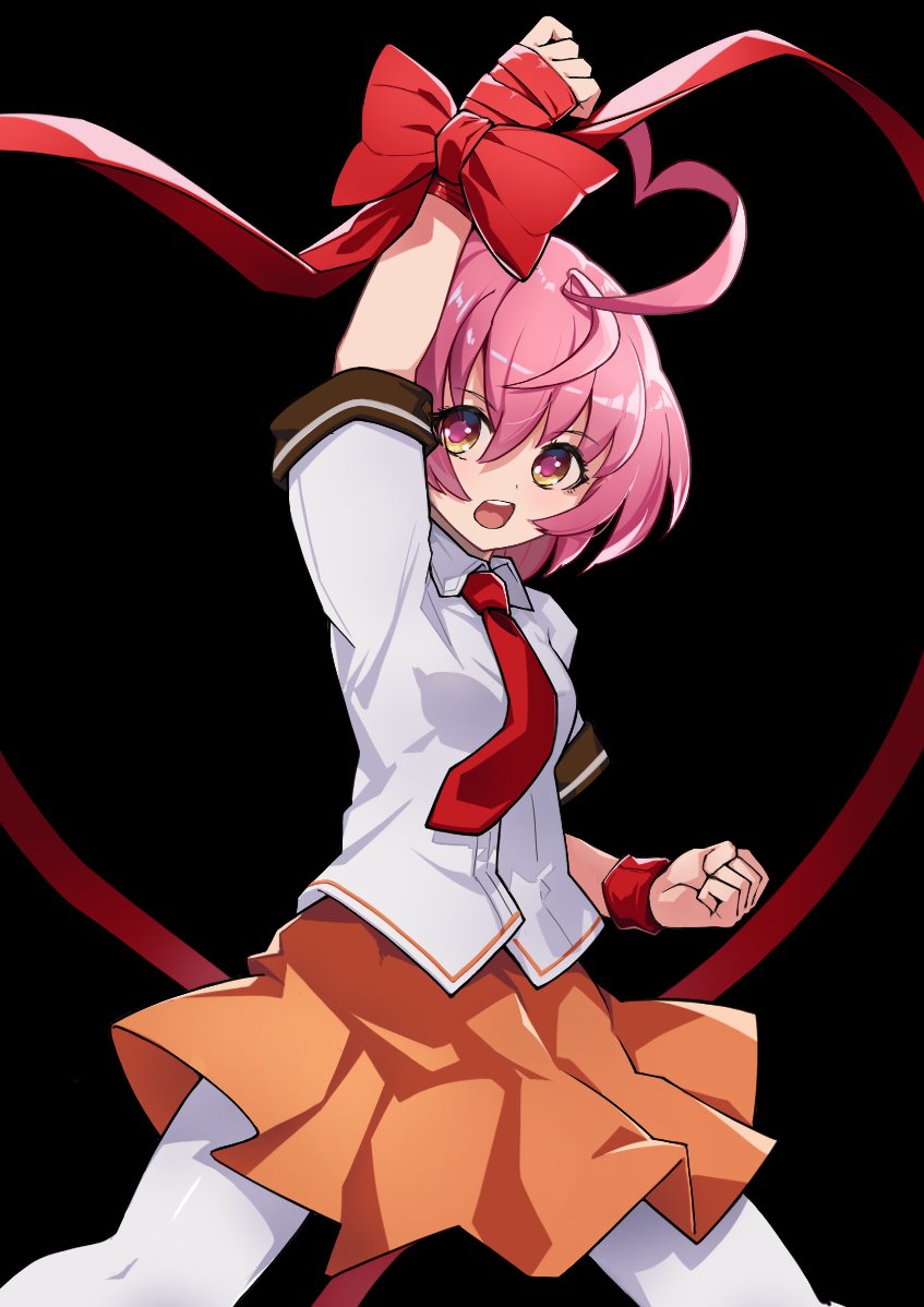 1girl ahoge aino_heart arcana_heart arm_up breasts brown_eyes clenched_hand clenched_hands heart heart_ahoge looking_at_viewer open_mouth pink_hair ribbon school_uniform short_hair skirt small_breasts solo teeth tierra_misu tongue