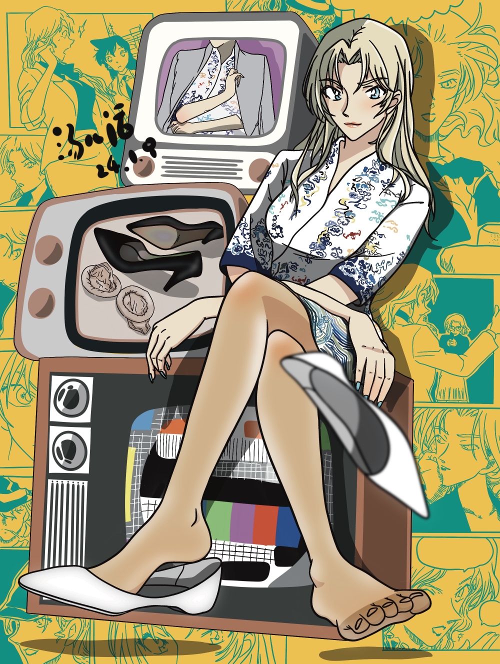 1girl blonde_hair blue_eyes crossed_legs feet highres long_hair looking_at_viewer meitantei_conan pantyhose shoes soles tangerhua toes unworn_shoes vermouth_(meitantei_conan)