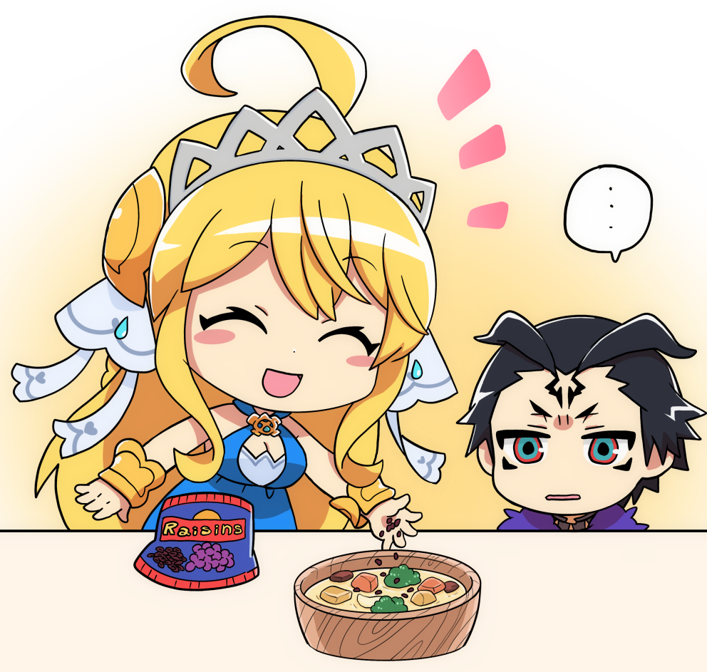 ... 1boy 1girl ahoge black_hair blue_dress blush_stickers bowl breasts brother_and_sister chibi chibi_only closed_eyes dragalia_lost dress ekra food long_hair looking_at_another nedrick open_mouth raisin_(fruit) short_hair siblings sleeveless sleeveless_dress spoken_ellipsis tiara upper_body very_long_hair zethia