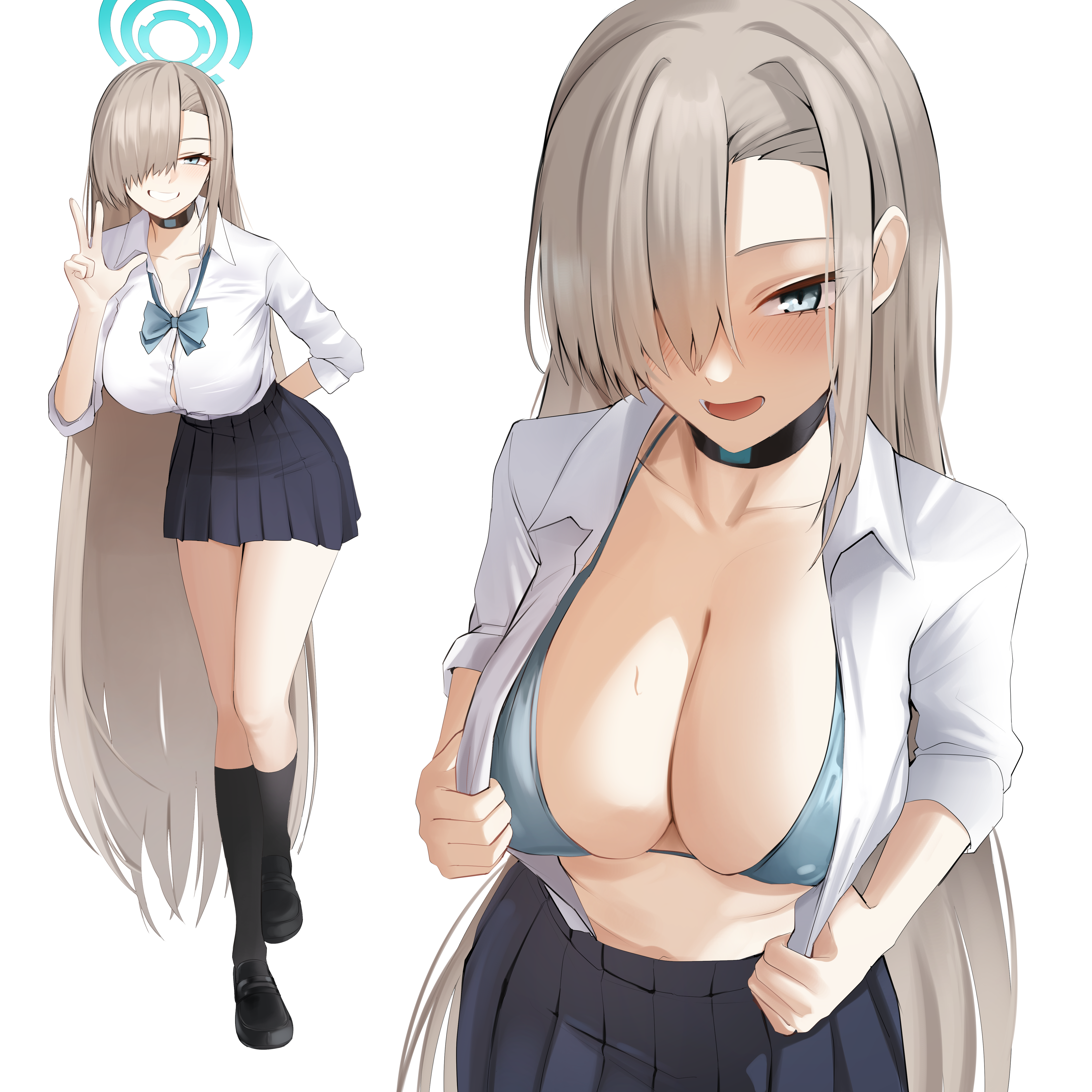 1girl absurdres asuna_(blue_archive) bikini black_choker black_socks blue_archive blue_bikini blue_eyes blue_ribbon blush bow breasts choker cleavage collarbone collared_shirt covered_erect_nipples hair_over_one_eye highres kneehighs large_breasts long_hair looking_at_viewer multiple_views pleated_skirt ribbon school_uniform shirt shirt_tucked_in skirt smile socks solo standing swimsuit taaakaaaa very_long_hair white_shirt
