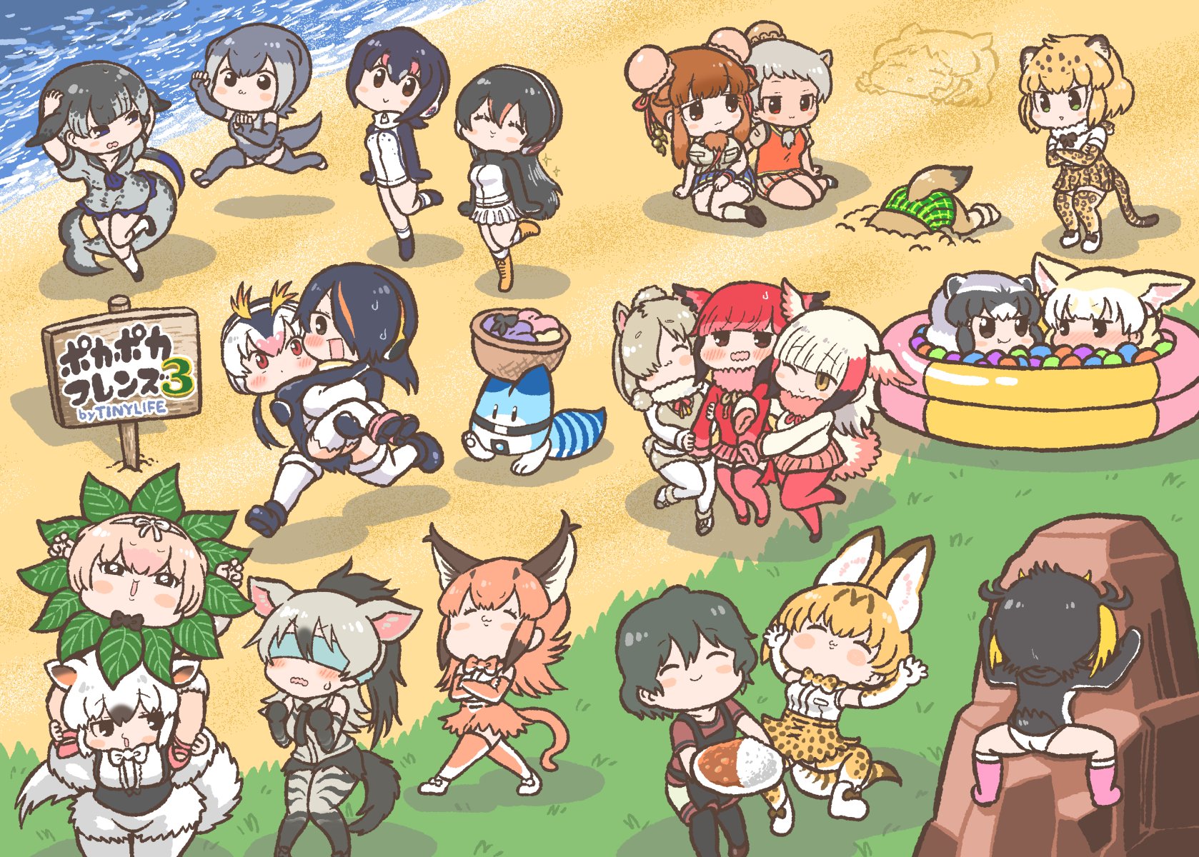 10s 6+girls :3 aardwolf_(kemono_friends) alpaca_ears alpaca_suri_(kemono_friends) alpaca_tail animal_ears animal_print anteater_ears anteater_tail apron bactrian_camel_(kemono_friends) ball_pit bare_shoulders bird_tail bird_wings black-tailed_prairie_dog_(kemono_friends) black_hair blindfold blonde_hair blush bow bowtie camel_ears caracal_(kemono_friends) carrying center_frills cetacean_tail collared_shirt commentary_request common_raccoon_(kemono_friends) crossed_arms curry curry_rice dress dromedary_(kemono_friends) elbow_gloves emperor_penguin_(kemono_friends) fang fennec_(kemono_friends) fingerless_gloves fins fish_tail food fox_ears frilled_dress frilled_skirt frills fur_collar gentoo_penguin_(kemono_friends) gloves green_eyes grey_hair hair_bow hair_over_one_eye hands_on_own_head head_wings high-waist_skirt highres hippopotamus_(kemono_friends) hippopotamus_ears hood hood_down hoodie humboldt_penguin_(kemono_friends) jaguar_(kemono_friends) jaguar_ears jaguar_tail japanese_crested_ibis_(kemono_friends) kaban_(kemono_friends) kemono_friends kemono_friends_pavilion kotobuki_(tiny_life) leopard_print leotard light_brown_hair long_hair long_sleeves lucky_beast_(kemono_friends) multicolored_hair multiple_girls narwhal_(kemono_friends) neckerchief necktie no_headwear nose_blush one-piece_swimsuit otter_ears otter_tail pantyhose penguin_tail piggyback pink_hair plaid_clothes plaid_skirt playground_equipment_(kemono_friends_pavilion) pleated_skirt ponytail princess_carry puffy_short_sleeves puffy_sleeves raccoon_ears red_hair rice rockhopper_penguin_(kemono_friends) royal_penguin_(kemono_friends) sailor_dress sand scarlet_ibis_(kemono_friends) serval_(kemono_friends) serval_tail shirt short_hair short_sleeves silky_anteater_(kemono_friends) sitting skirt sleeveless small-clawed_otter_(kemono_friends) smile southern_tamandua_(kemono_friends) standing standing_on_one_leg streaked_hair sweatdrop swimsuit tail thighhighs toeless_legwear traditional_bowtie translation_request twintails wavy_mouth white_hair wings zettai_ryouiki