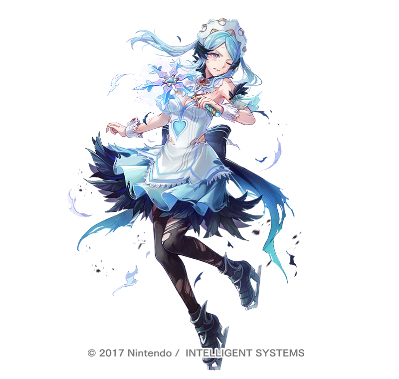 1girl aqua_eyes bare_shoulders black_feathers black_pantyhose blue_eyes breasts cleavage copyright_notice damaged dress feather_trim feathers fire_emblem fire_emblem_fates fire_emblem_heroes flora_(fire_emblem) flora_(ice)_(fire_emblem) full_body ice_skates kyusoukyu medium_breasts nintendo official_alternate_costume official_art one_eye_closed pantyhose skates solo torn_clothes torn_dress torn_pantyhose twintails white_background white_dress wrist_cuffs