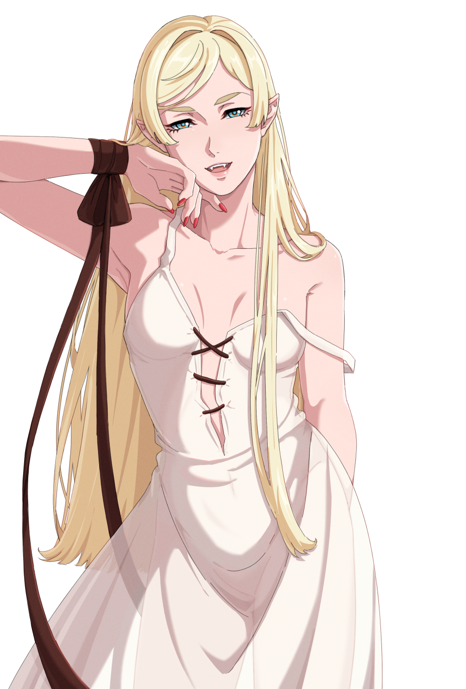 1girl arm_behind_back blonde_hair blue_eyes breasts brown_ribbon commentary cosplay cowboy_shot dress enelous fangs fingernails gigi_andalusia gundam gundam_hathaway&#039;s_flash hands_up highres kiss-shot_acerola-orion_heart-under-blade kiss-shot_acerola-orion_heart-under-blade_(cosplay) kizumonogatari long_fingernails long_hair look-alike looking_at_viewer medium_breasts monogatari_(series) nail_polish open_mouth oshino_shinobu pointy_ears red_nails ribbon see-through_clothes see-through_dress see-through_silhouette simple_background sleeveless sleeveless_dress smile solo standing strap_slip swept_bangs teeth upper_teeth_only vampire very_long_hair white_background white_dress wrist_ribbon