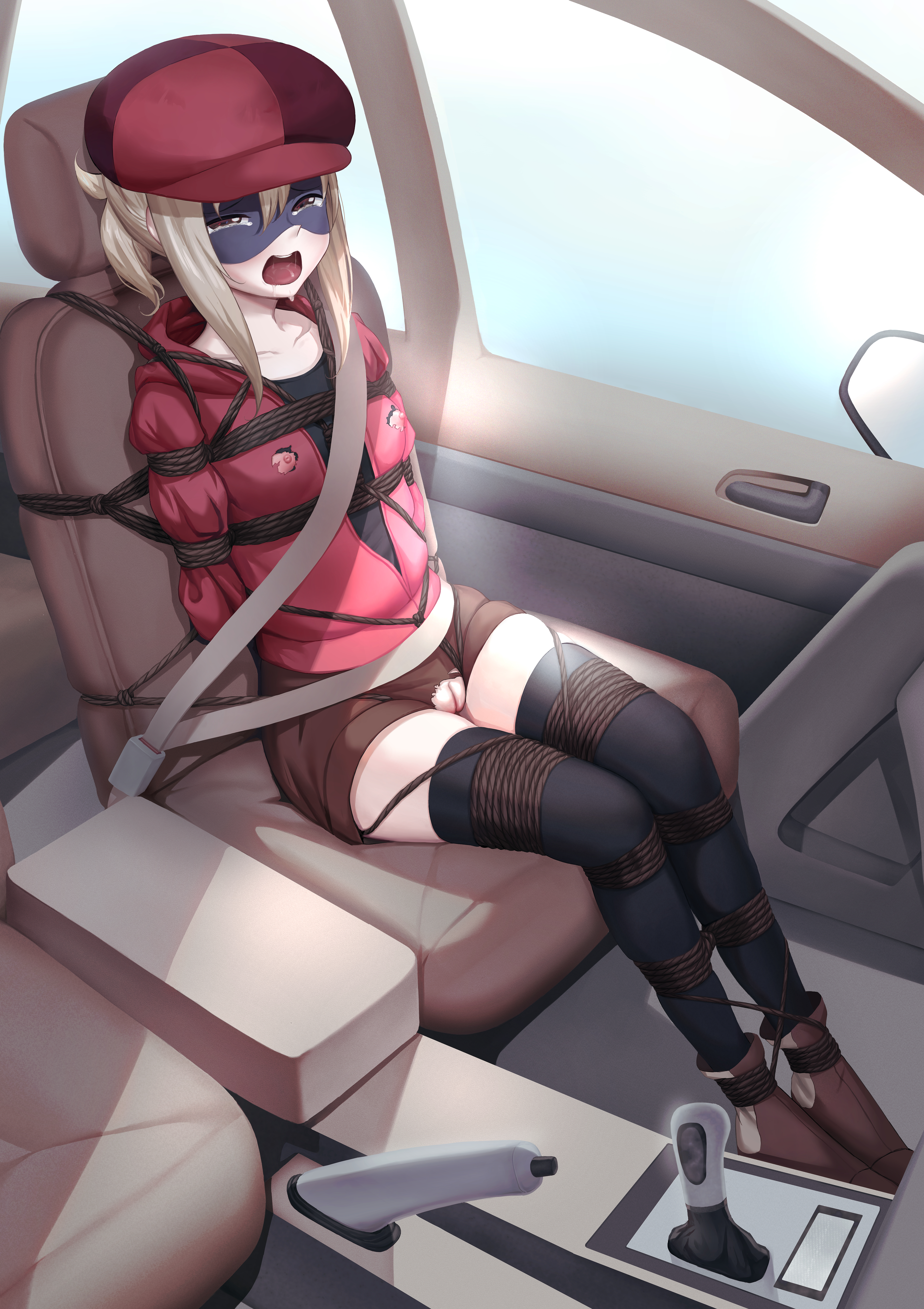 1girl absurdres arms_behind_back bdsm black_shirt black_thighhighs blonde_hair blush bondage boots bound bound_arms bound_legs bound_torso breasts brown_eyes car car_interior collarbone crotch_rope crying crying_with_eyes_open disguise doma_umaru drooling female_focus flat_chest hair_between_eyes hat highres himouto!_umaru-chan himouto!_umaru-chan_r huge_filesize indoors jacket looking_ahead looking_at_viewer looking_to_the_side mask medium_hair mirror motor_vehicle nipple_cutout nipples open_mouth outdoors ponytail public_bondage public_indecency pussy pussy_cutout red_hat red_jacket saliva saliva_trail seatbelt shibari shibari_over_clothes shirt short_shorts shorts sidelocks skin_tight skindentation small_breasts solo tabby_(8401431) tearing_up tears teeth thighhighs thighs tongue tongue_out torn_clothes uncensored zettai_ryouiki