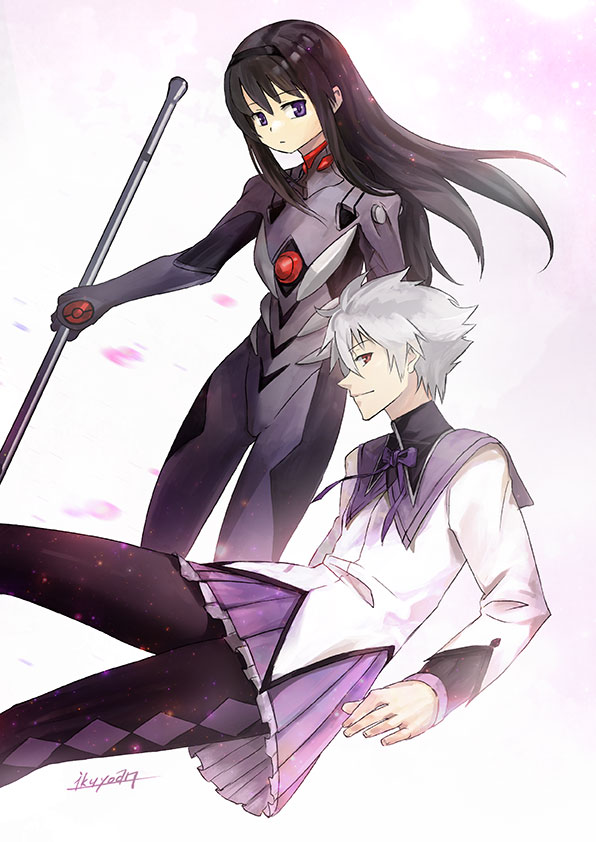 1boy 1girl akemi_homura akemi_homura_(cosplay) akemi_homura_(magical_girl) black_hair bodysuit cosplay costume_switch crossdressing gradient_background hairband ikuyoan long_hair looking_at_viewer magical_girl mahou_shoujo_madoka_magica mahou_shoujo_madoka_magica_(anime) mecha_pilot_suit nagisa_kaworu nagisa_kaworu_(cosplay) neon_genesis_evangelion pantyhose parody plugsuit_(evangelion) profile purple_eyes red_eyes short_hair signature simple_background smirk white_hair