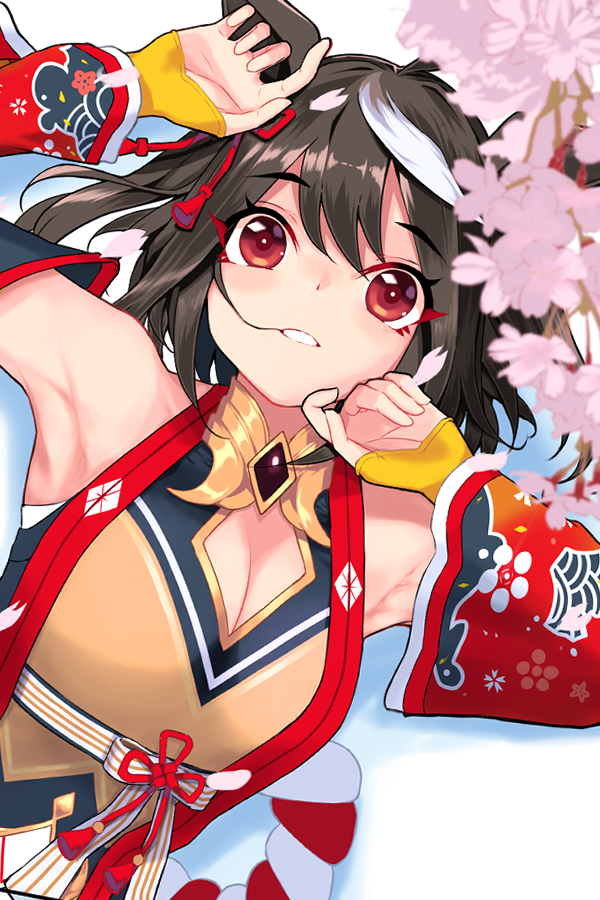 1girl ahoge animal_ears armpits bare_shoulders black_hair blush breasts chanchanko_(clothes) cherry_blossoms cleavage collarbone detached_sleeves ear_ornament hair_between_eyes hair_ornament horse_ears horse_girl japanese_clothes kitasan_black_(umamusume) large_breasts looking_at_viewer multicolored_hair red_eyes ribbon short_hair solo streaked_hair tsuru_(tsubasa1993621) umamusume upper_body white_background white_hair