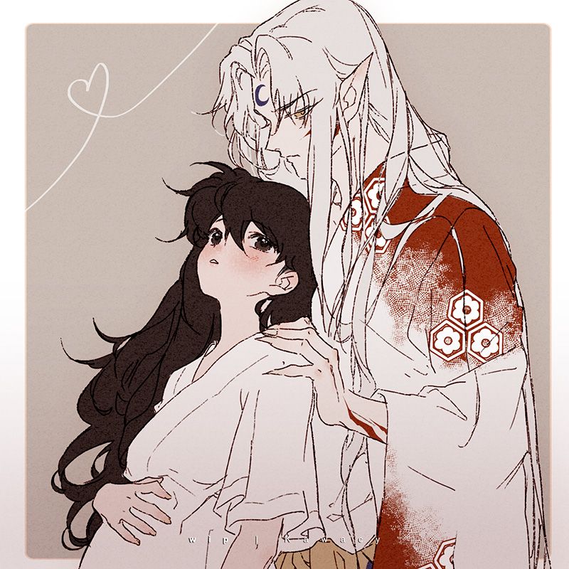 1boy 1girl arm_markings black_hair blush border breasts brown_eyes claws couple crescent crescent_facial_mark demon_boy facial_mark fingernails forehead_mark grey_background hair_between_eyes hand_on_another&#039;s_shoulder hand_on_own_stomach hetero inuyasha japanese_clothes kawacy kimono long_hair medium_breasts parted_bangs parted_lips pointy_ears pregnant rin_(inuyasha) sesshoumaru sharp_fingernails upper_body white_border white_hair white_kimono wide_sleeves yellow_eyes