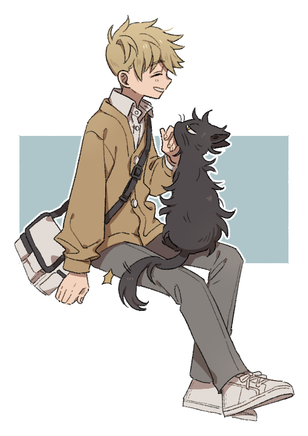 1boy ^_^ animal animalization arm_at_side bag black_cat blonde_hair cardigan casual cat closed_eyes collared_shirt commentary dress_shirt full_body grey_pants hand_up inukai_sumiharu invisible_chair kageura_masato long_sleeves looking_at_another male_focus nana_0253 outline pants petting shirt shoes short_hair shoulder_bag sitting smile sneakers white_background white_footwear white_outline white_shirt world_trigger