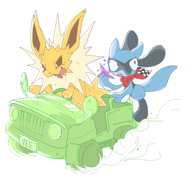 animal_focus animal_hands black_eyes black_fur blue_fur car driving eyelashes fang full_body gen_1_pokemon gen_4_pokemon green_car jolteon looking_to_the_side motor_vehicle nintendo no_humans open_mouth pokemon pokemon_(creature) red_eyes red_scarf riolu scarf simple_background sitting spiked_tail tail tongue tongue_out viscuvania white_background white_fur wide-eyed yellow_fur