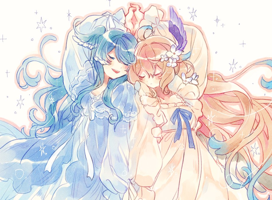 2girls ahoge blonde_hair blue_hair blue_nightgown blush closed_eyes closed_mouth elira_pendora enna_alouette floating_hair flower hair_between_eyes hair_flower hair_ornament hair_over_one_eye head_wings holding_hands long_hair meiwo_(meiwov0v0) multiple_girls nightgown nijisanji nijisanji_en open_mouth sparkle very_long_hair virtual_youtuber white_background white_nightgown wings