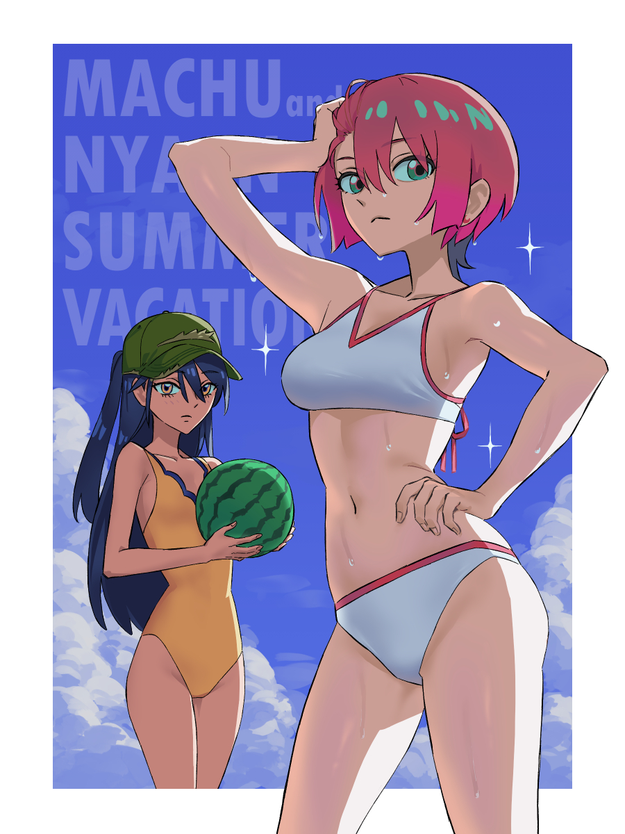 2girls amate_yuzuriha aqua_eyes baseball_cap bikini black_hair blue_sky breasts casual_one-piece_swimsuit character_name cloud commentary_request daoshitaka food fruit green_hat gundam gundam_gquuuuuux hand_on_own_hip hat highres holding holding_food holding_fruit holding_watermelon looking_at_viewer multiple_girls nyaan_(gundam_gquuuuuux) one-piece_swimsuit one_side_up red_hair short_hair sky small_breasts swimsuit watermelon white_bikini yellow_eyes yellow_one-piece_swimsuit
