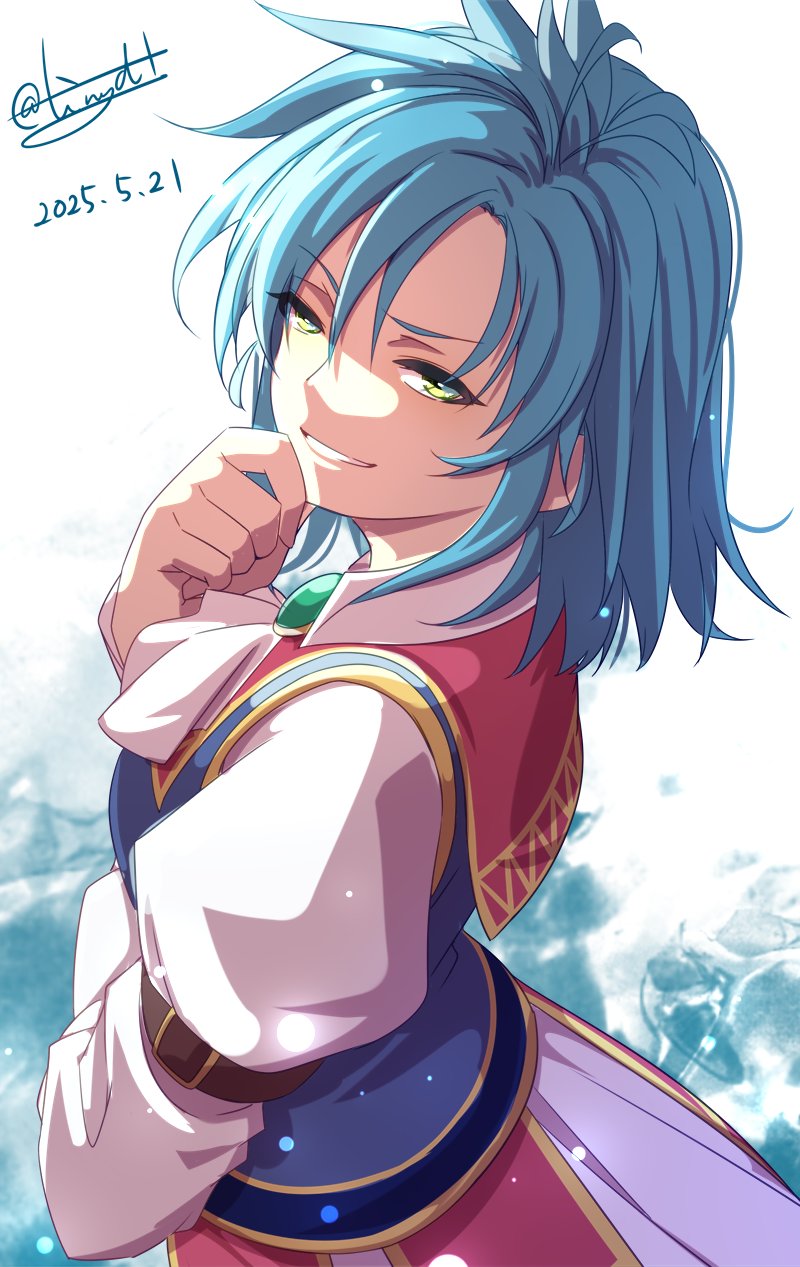 1girl ahoge ascot blue_hair brooch eiyuu_densetsu green_eyes grin hair_between_eyes highres jewelry josette_capua looking_at_viewer parted_bangs short_hair signature skirt smile solo sora_no_kiseki tinybiard twitter_username white_ascot